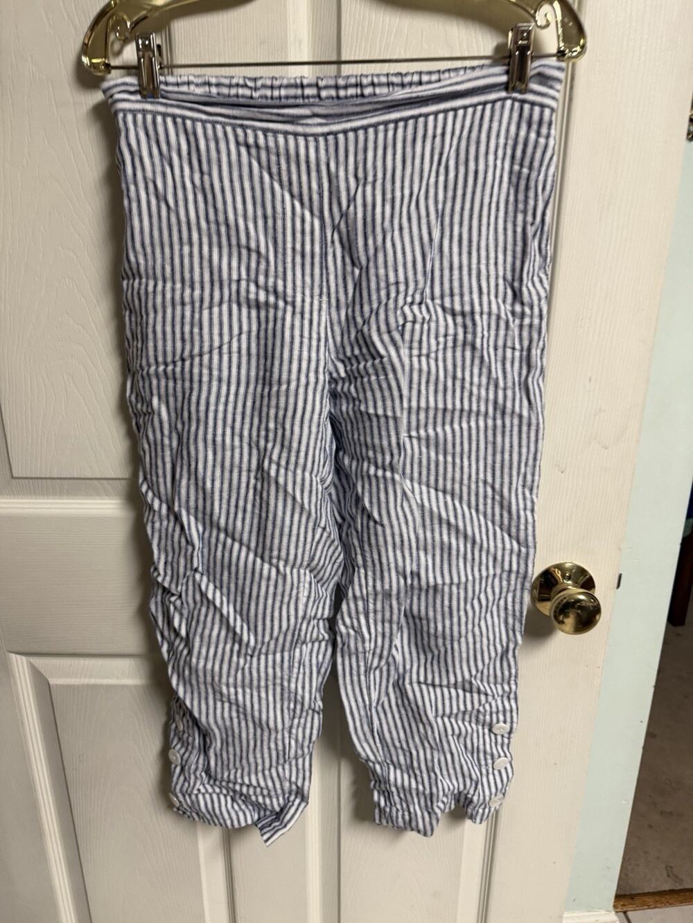Chicos Pants Medium 30x24 Blue Stripe Linen Summer Causal Pull On Crop